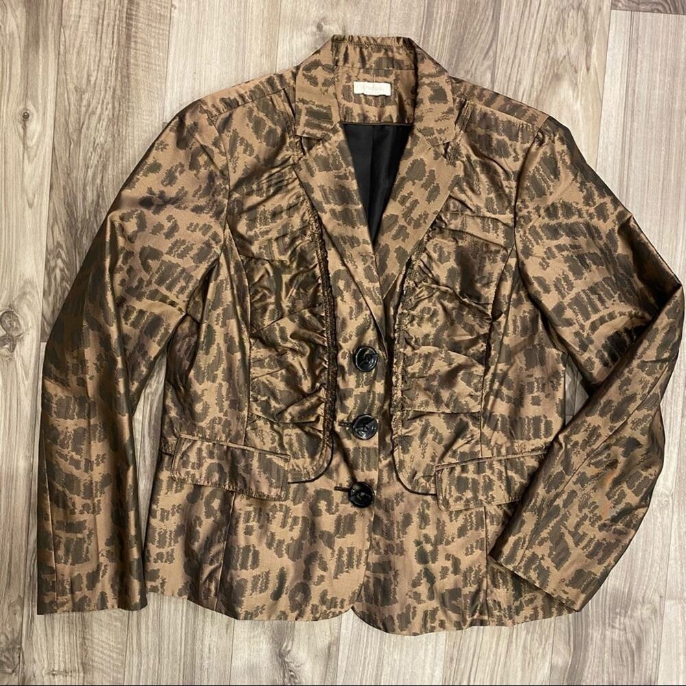 CHICO’S L Shimmery Bronze Taffeta Light Jacket Ruffle Front Thong Tied Buttons